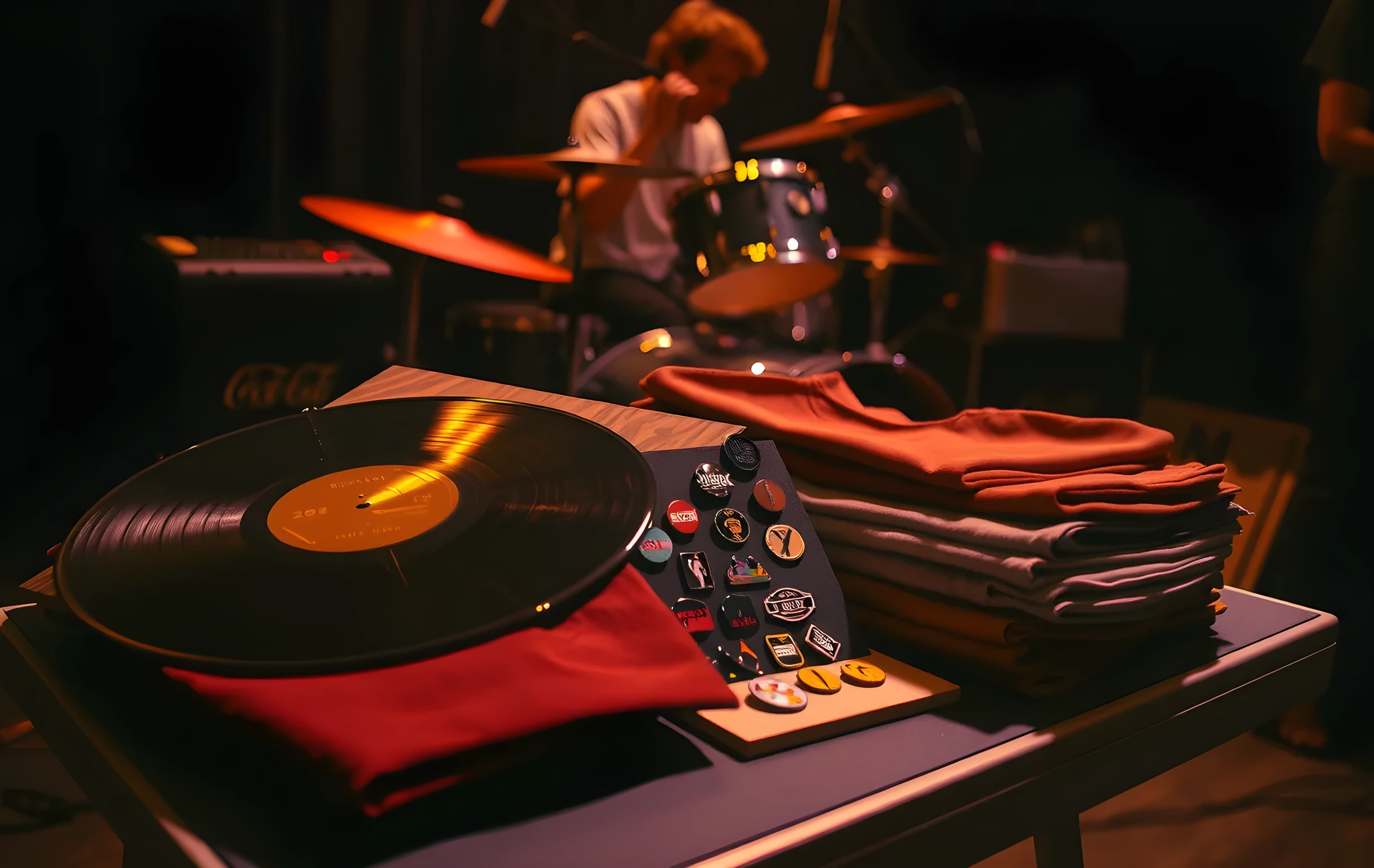 A shallow depth-of-field close-up of the corner of a folding table at a small live venue: three vinyl records fanned out beside a stack of folded band tees in muted earth tones, a small enamel pin display on a foam board, warm amber stage-light glow reflecting off the glossy vinyl spines and creating soft highlights, a blurred drum kit and cable run visible in the deep background bokeh, no text legible on any surface