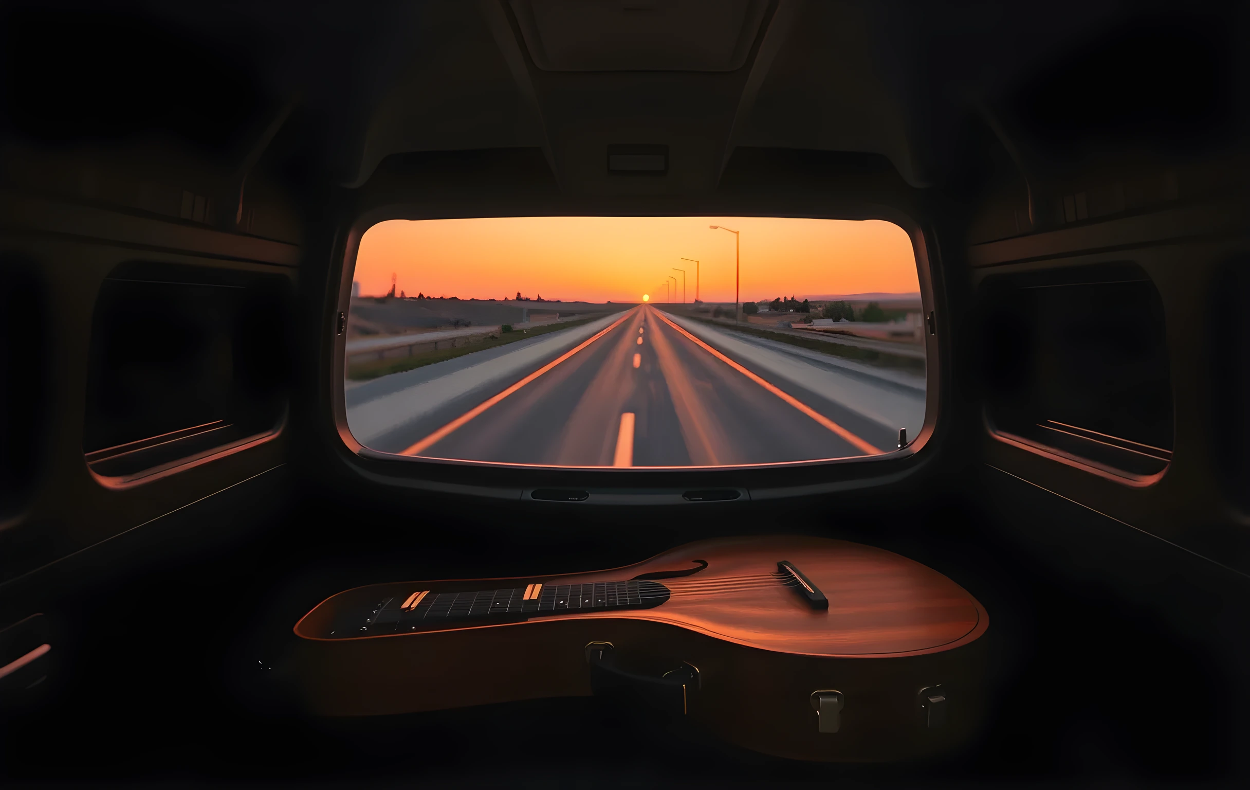 A medium-close view from inside the rear bench seat of a small tour van with the tailgate lowered into amber dusk twilight. A worn tan leather guitar case sits half-open on the vinyl seat, its latches undone, the dark interior of the case visible. Through the open tailgate, a narrow two-lane asphalt road stretches into a soft-focus orange and violet horizon, a single distant streetlight just beginning to glow at the far edge of frame. Condensation beads cling to the van's plastic interior panels. The scene is still, quiet, mid-journey, with no people or text visible