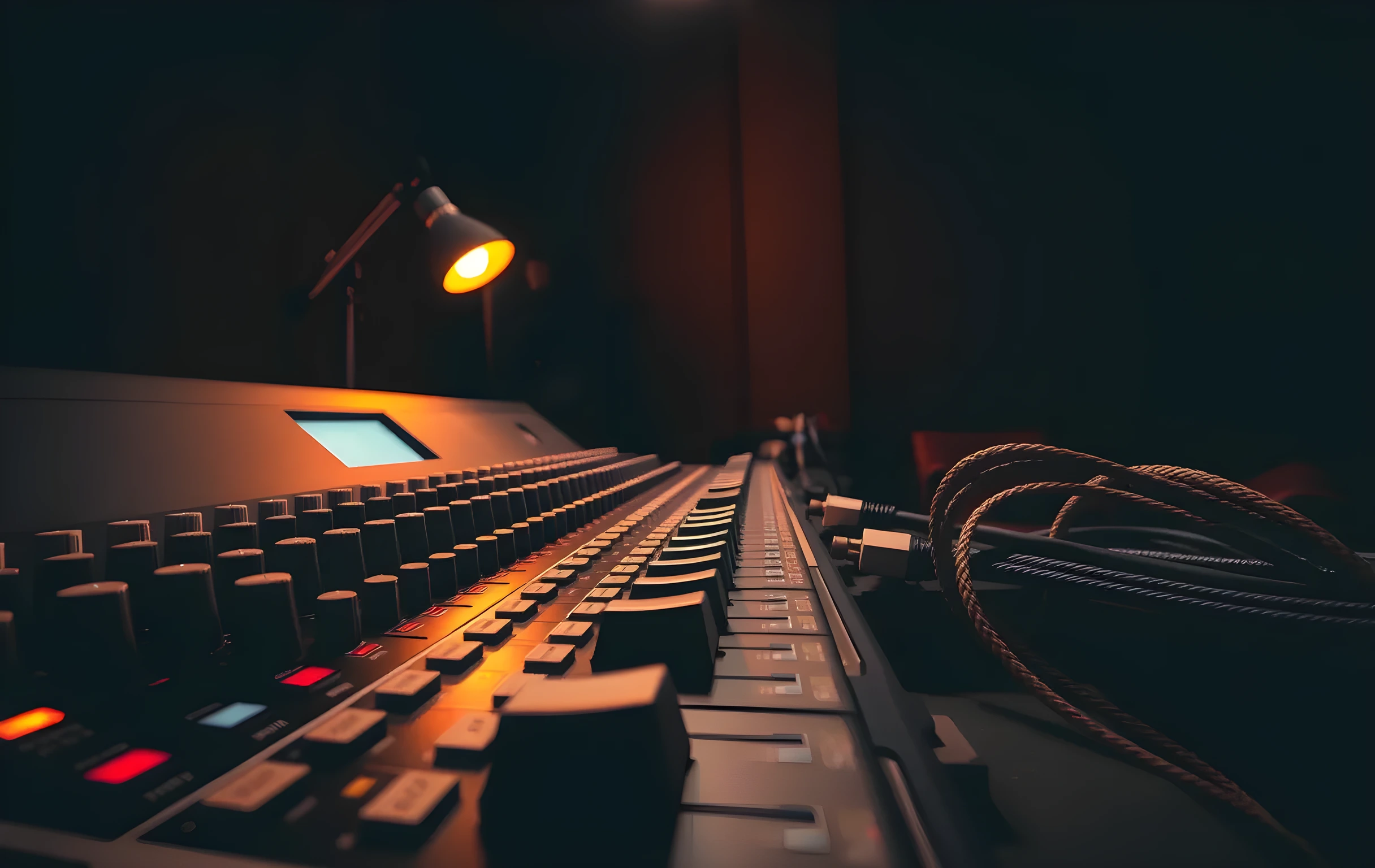 A medium-distance view of a mixing desk fader bank and tangle of patch cables in a dim studio booth, warm tungsten glow from a single small desk lamp illuminating the metal knobs and felt surfaces, a vinyl record sleeve leaning against the edge of the console, the texture of braided cables and rubber feet prominent in the foreground, shallow depth of field softening the back wall, no screens, no faces, no hands, no text visible