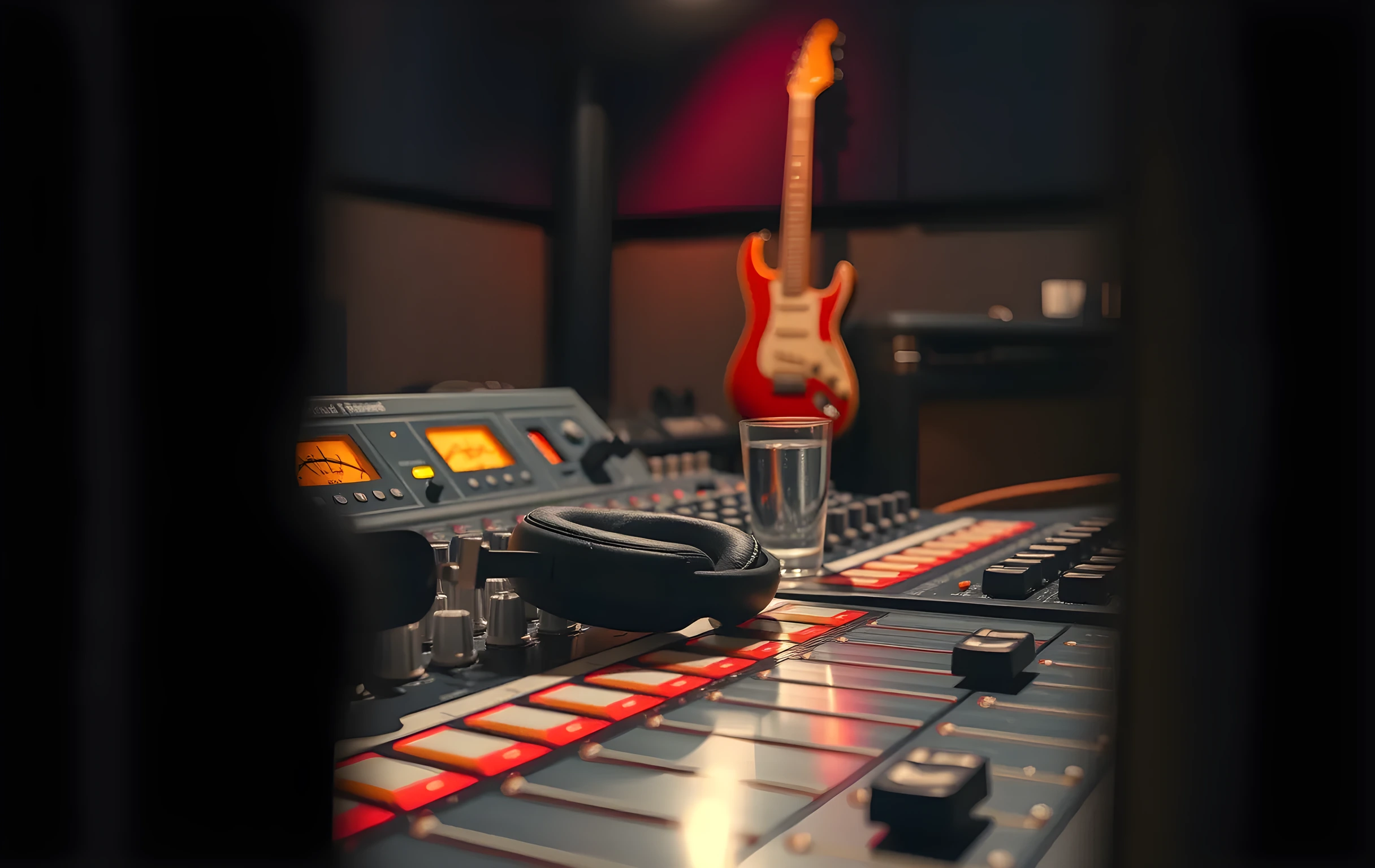 A close detail view of a mixing console's fader bank and VU meters in a small rehearsal studio, warm tungsten light reflecting off brushed aluminum surfaces, a pair of worn headphones resting on one channel strip, a half-empty glass of water on the console edge, the background softly blurred showing the back wall with acoustic foam panels and a guitar hanging on a peg, shallow depth of field, intimate and tactile, no faces or hands visible