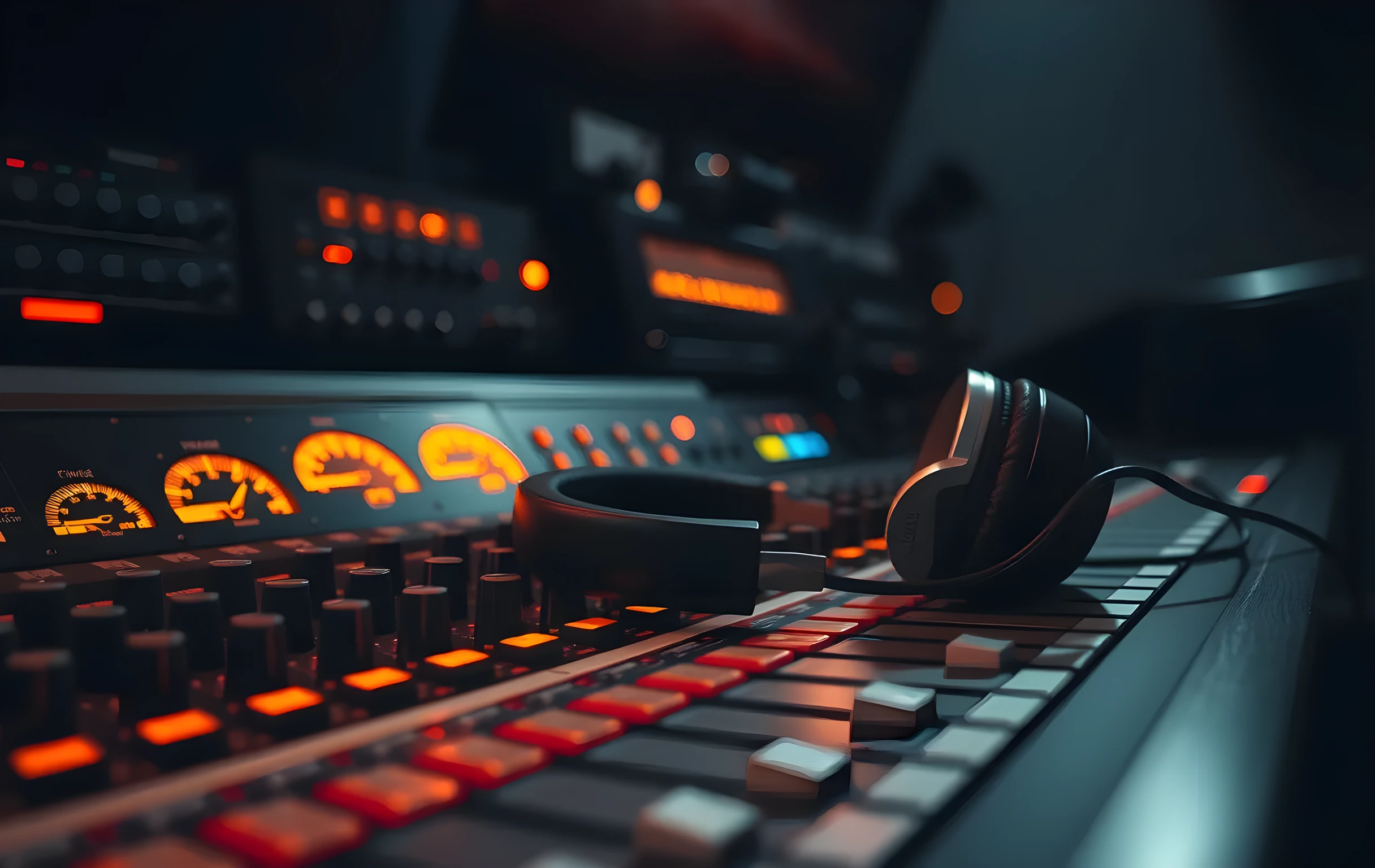 A close detail of a mixing desk's channel faders and VU meters in a dim studio control room, warm amber LED glow reflecting off brushed aluminum panel surfaces, a pair of worn headphones resting on the desk edge, a single vinyl record sleeve peeking out from under a cable bundle, shallow depth of field blurring the background into soft bokeh of rack equipment