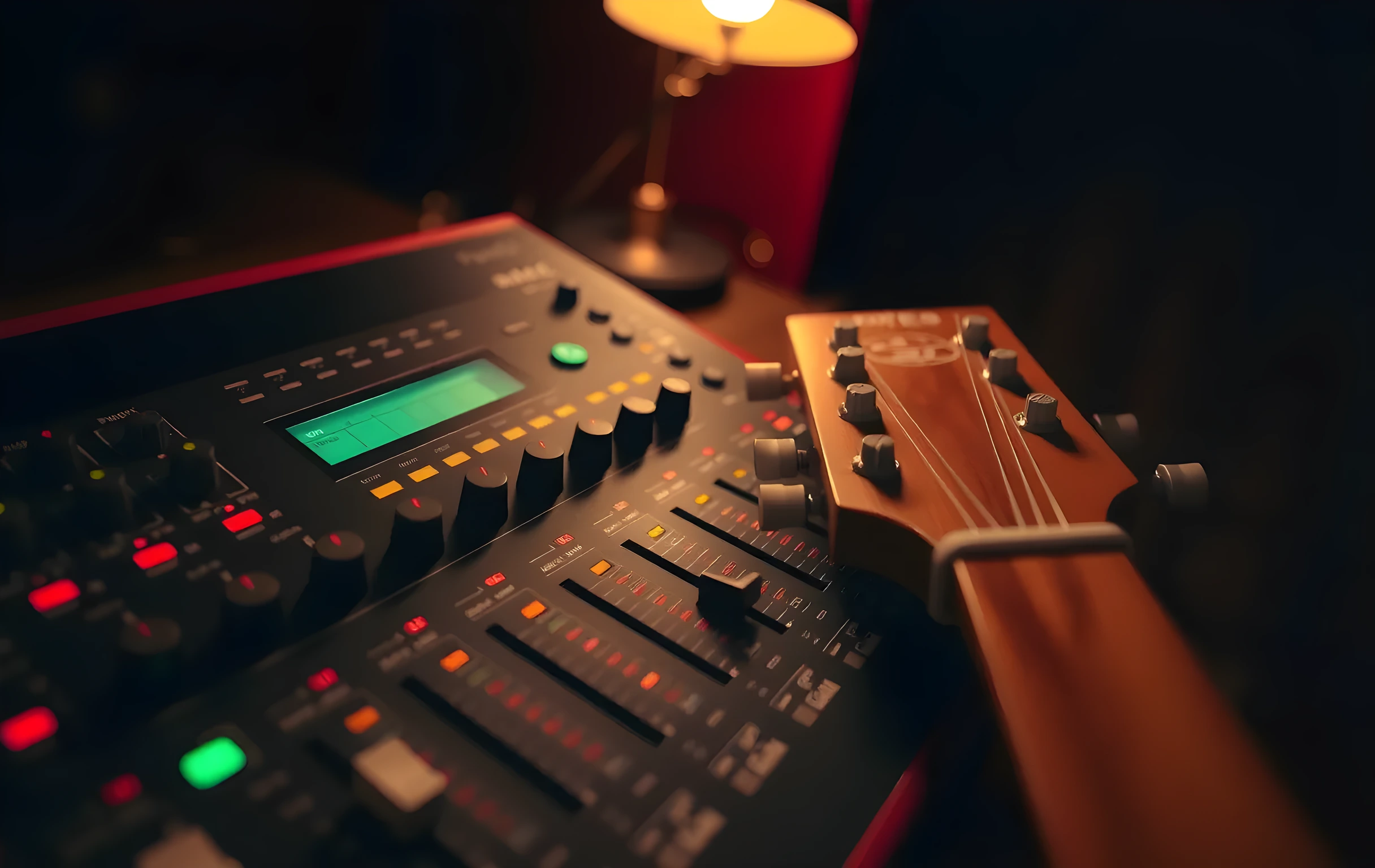 A close detail view of a compact mixing console in a small recording booth, faders pulled to uneven positions, a single green LED strip lit along one channel, a wooden guitar headstock leaning against the desk edge with its tuning pegs catching warm tungsten light from a small task lamp above. Shallow depth of field, the background dissolves into soft amber bokeh. No screens, no text, no faces