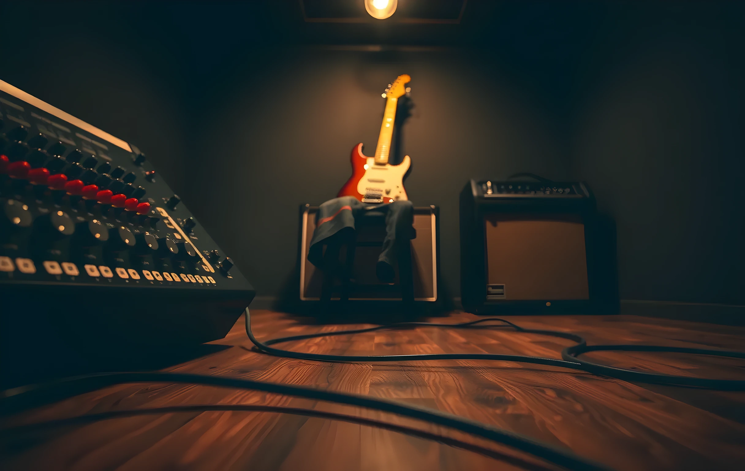 Close detail view of a rehearsal room mixing desk seen from a low angle, faders and rotary knobs catching warm tungsten light. Guitar cables snake across a worn wooden floor toward the lower edge of frame. In the soft-focus mid-ground, a battered tube amplifier sits beside a stool draped with a flannel jacket. A single guitar leans against the wall behind the amp, its headstock just visible above the desk edge. The room is dim and intimate, lit by one bare bulb overhead. No hands, no faces, no text on any surface, no screens