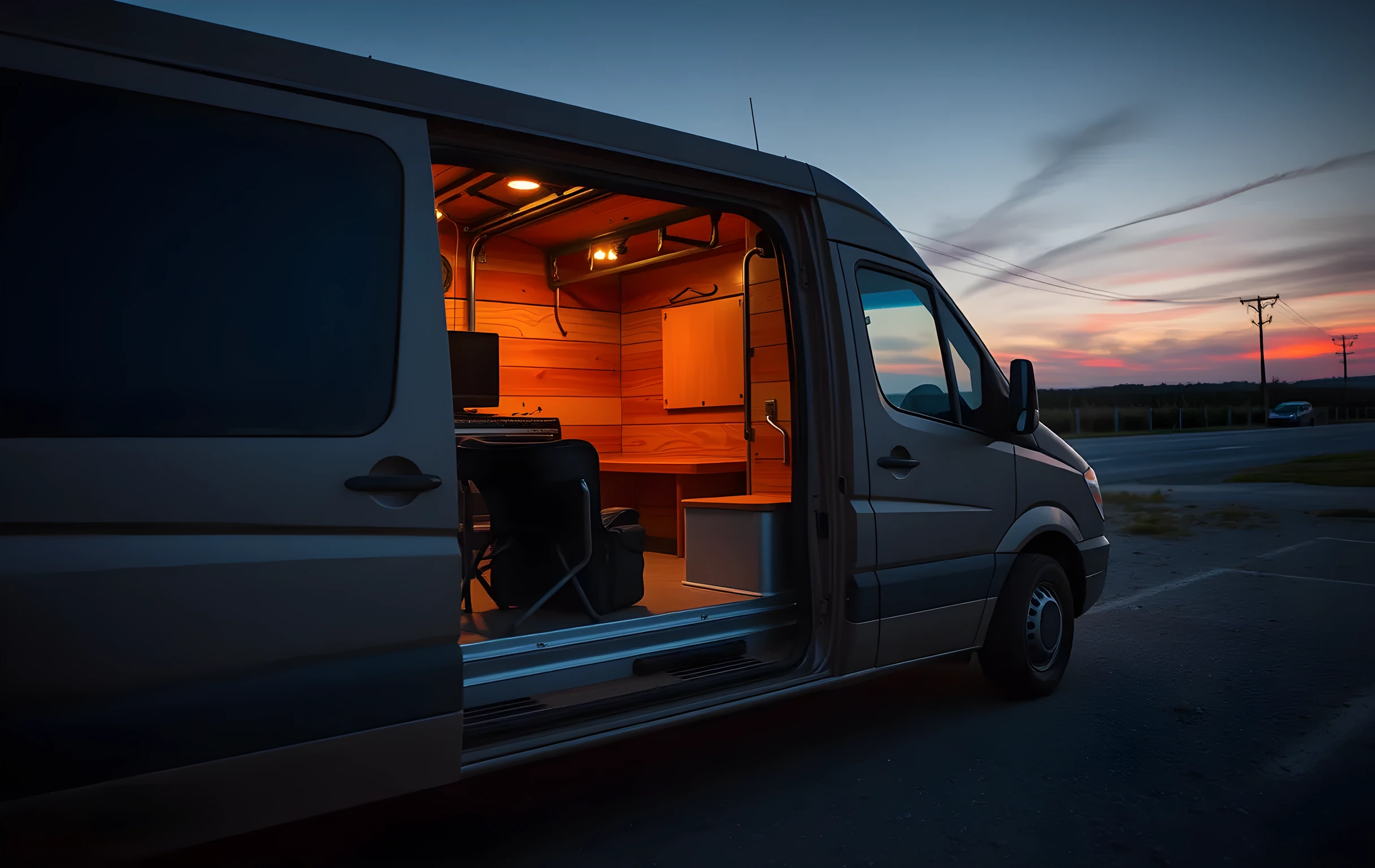 A weathered wooden tour van parked beside a quiet highway rest stop, its side door open to reveal a coiled instrument cable and a leather gig bag resting on a folding chair under fading twilight sky