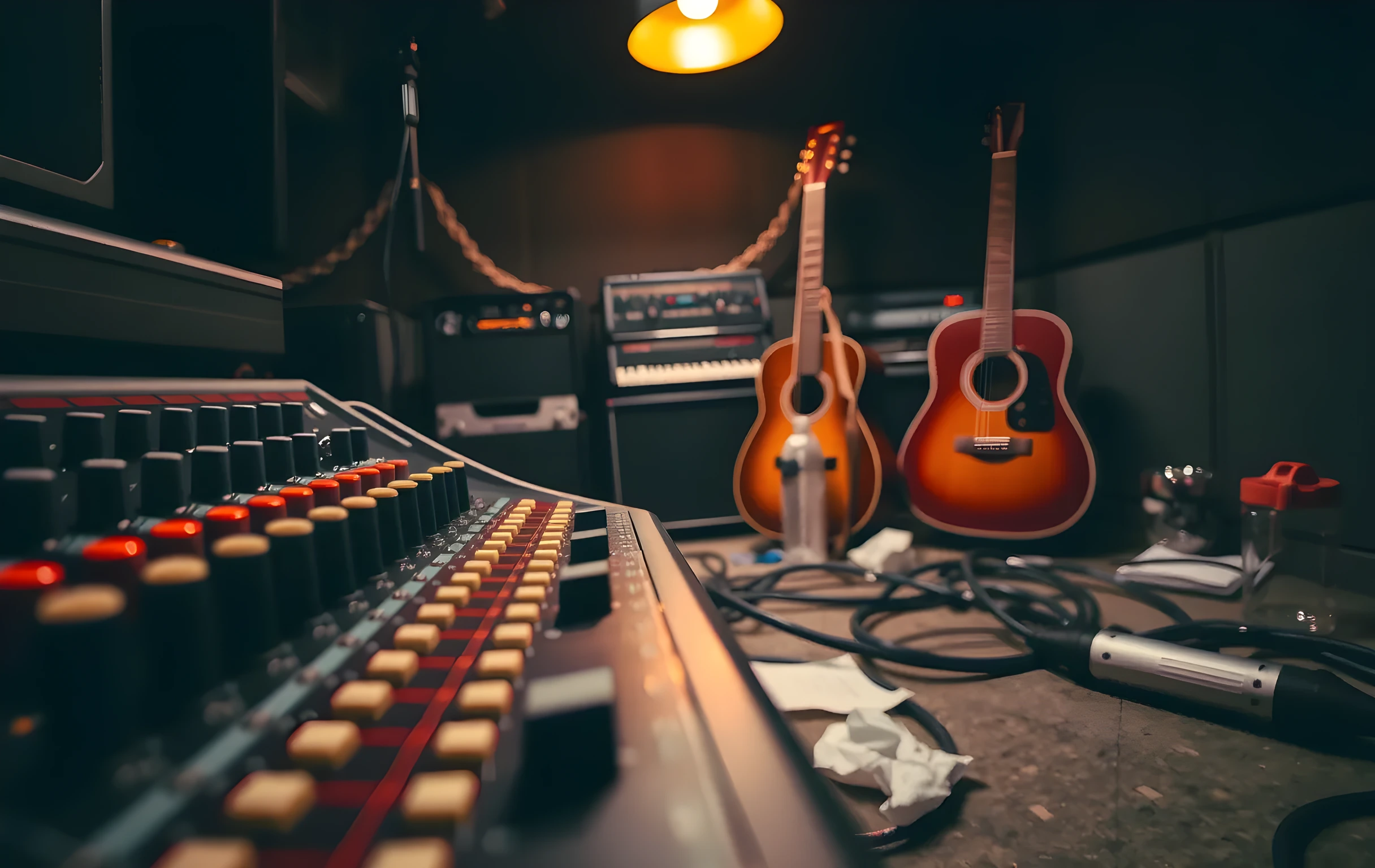 A close view of a mixing console in a small rehearsal room, faders and rotary knobs catching warm reflected light from a single overhead work lamp. A worn leather-strap acoustic guitar leans against a rack of effects pedals in the soft-focus background. Braided cables snake across a concrete floor scattered with a few crumpled setlist papers and a half-empty water bottle. No people, no screens, no text