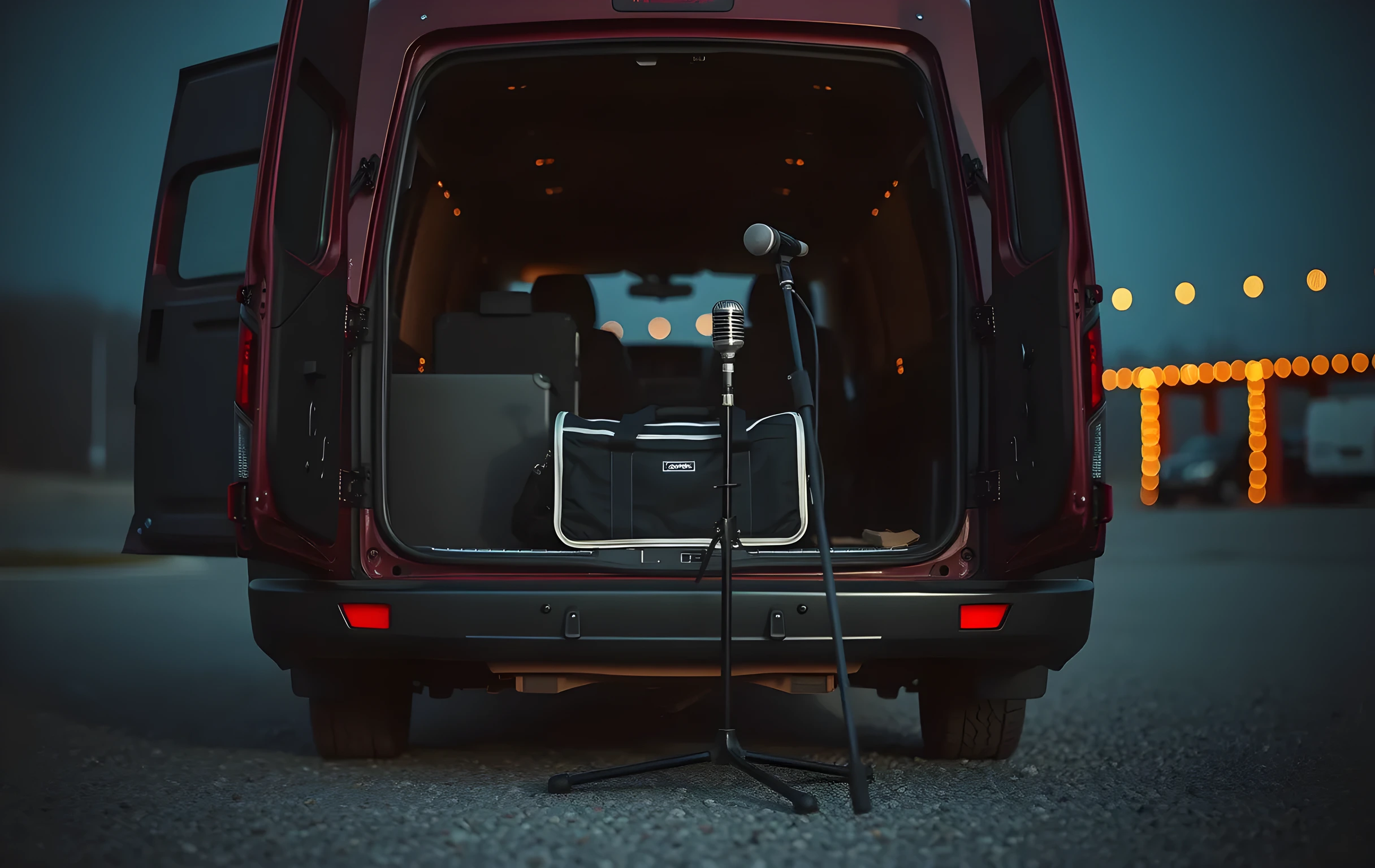 A close-medium detail shot of the open tailgate of a faded maroon tour van parked in a gravel lot at dusk, a duffel bag and a folded road case resting on the gate, a single condenser microphone with a pop filter clipped to a stand beside it, low fog drifting between the van's rear wheels, a distant string of warm pin lights strung along an unseen structure in the soft-focus background, no faces, no text, no screens