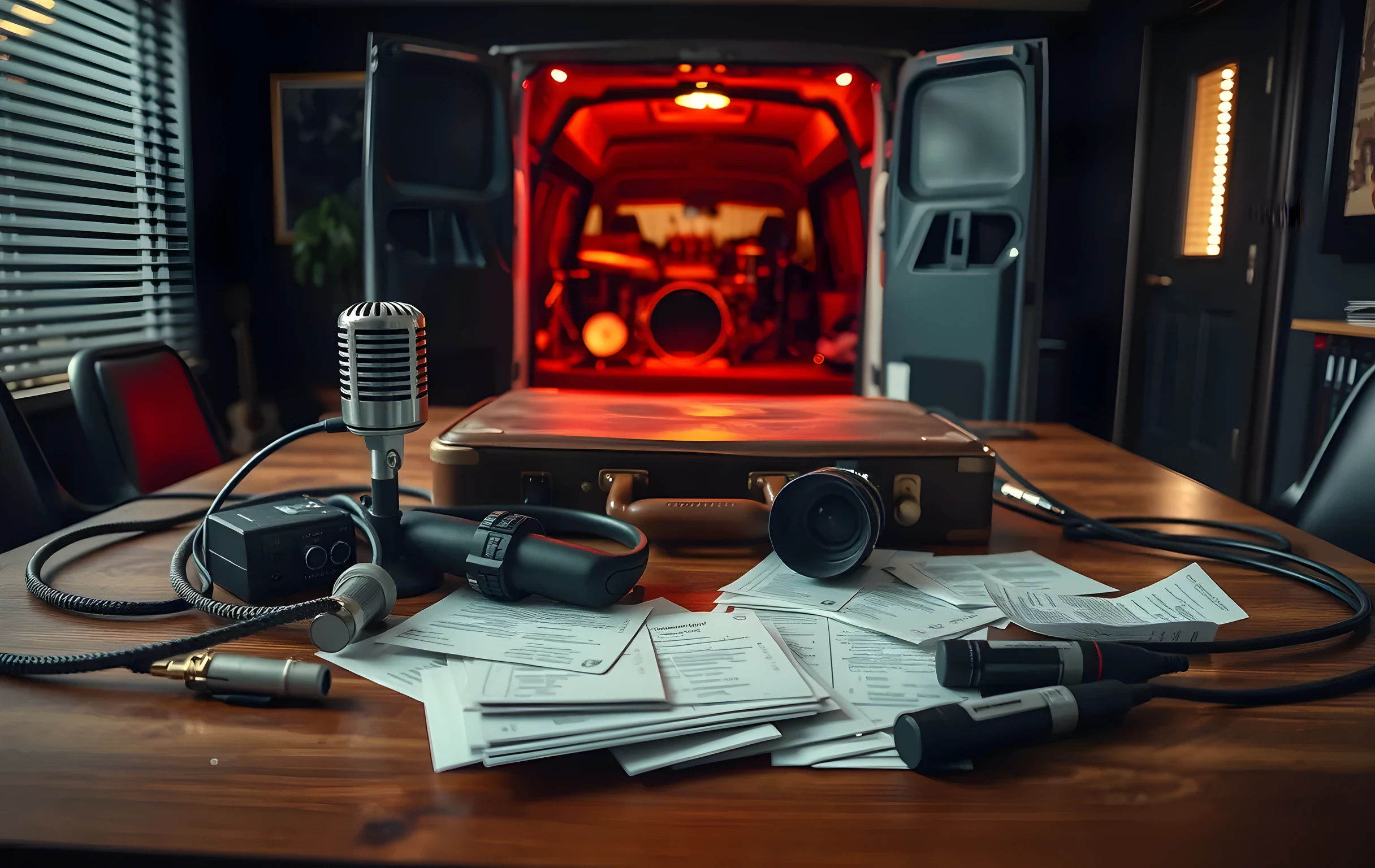A close arrangement of vintage microphones, coiled XLR cables, and scattered tour tickets spread across a wooden table in a backstage green room. Morning light filters through half-closed blinds, casting long shadows over a worn leather instrument case and a stack of handwritten setlists, with a touring van visible through the open door in the background
