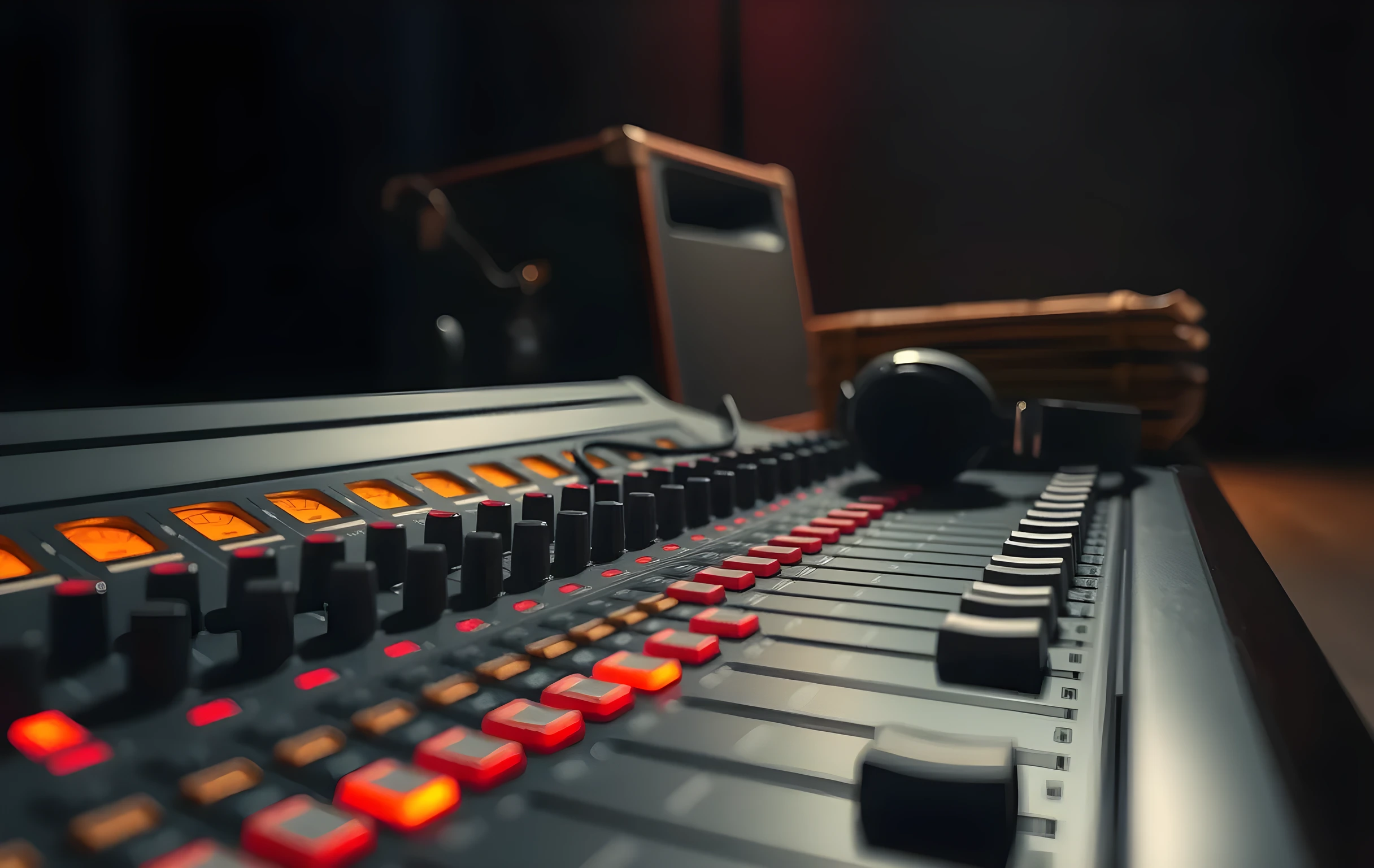 A close detail shot of a channel strip on an analog mixing desk, faders at various positions with small VU meters glowing faintly orange, a pair of studio headphones resting on the edge of the console, a stack of worn vinyl record sleeves leaning against a speaker cabinet in the soft-focus background, warm tungsten light raking across the brushed metal and wood grain surfaces from one side casting long diagonal shadows