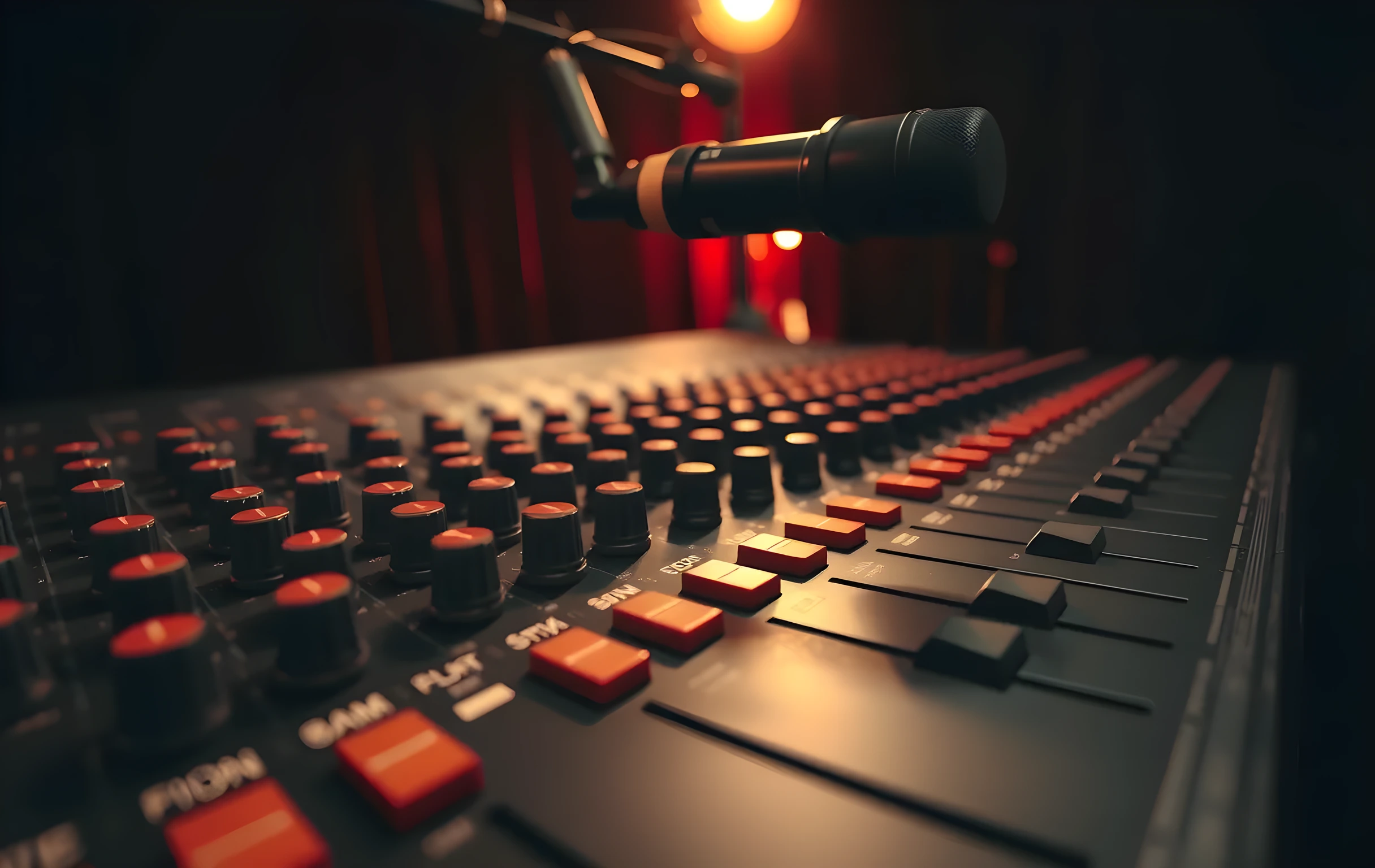 A low-angle close detail shot of a mixing console fader bank with brass knobs and illuminated channel strips, a large-diaphragm condenser microphone on a boom arm angled just above the desk, a single coffee ring stain on the matte black surface, warm tungsten light from an off-frame lamp casting long shadows across the controls, shallow depth of field softening the background into dark amber bokeh