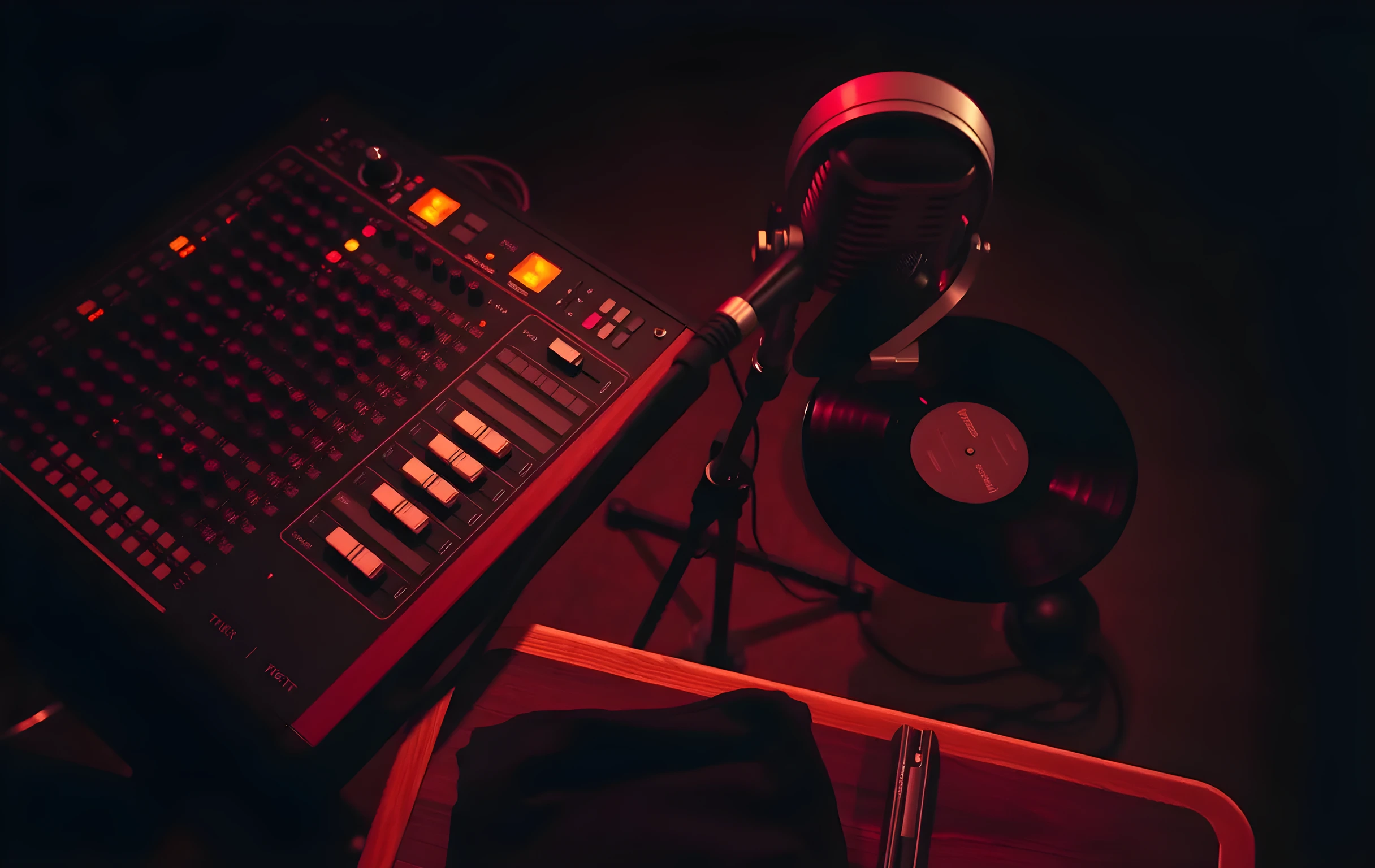 A close detail view from the audience side of a small venue stage at dusk: a worn analog mixing console with faders pushed to various positions occupying the center frame, a pair of studio headphones hanging from a chrome microphone stand to the right, a vinyl record resting flat on top of a wedge monitor speaker in the lower left, the edge of a wooden merch table with neatly folded dark t-shirts visible at the very bottom of the frame. Warm amber stage lighting washes over the surfaces. No text, no screens, no faces