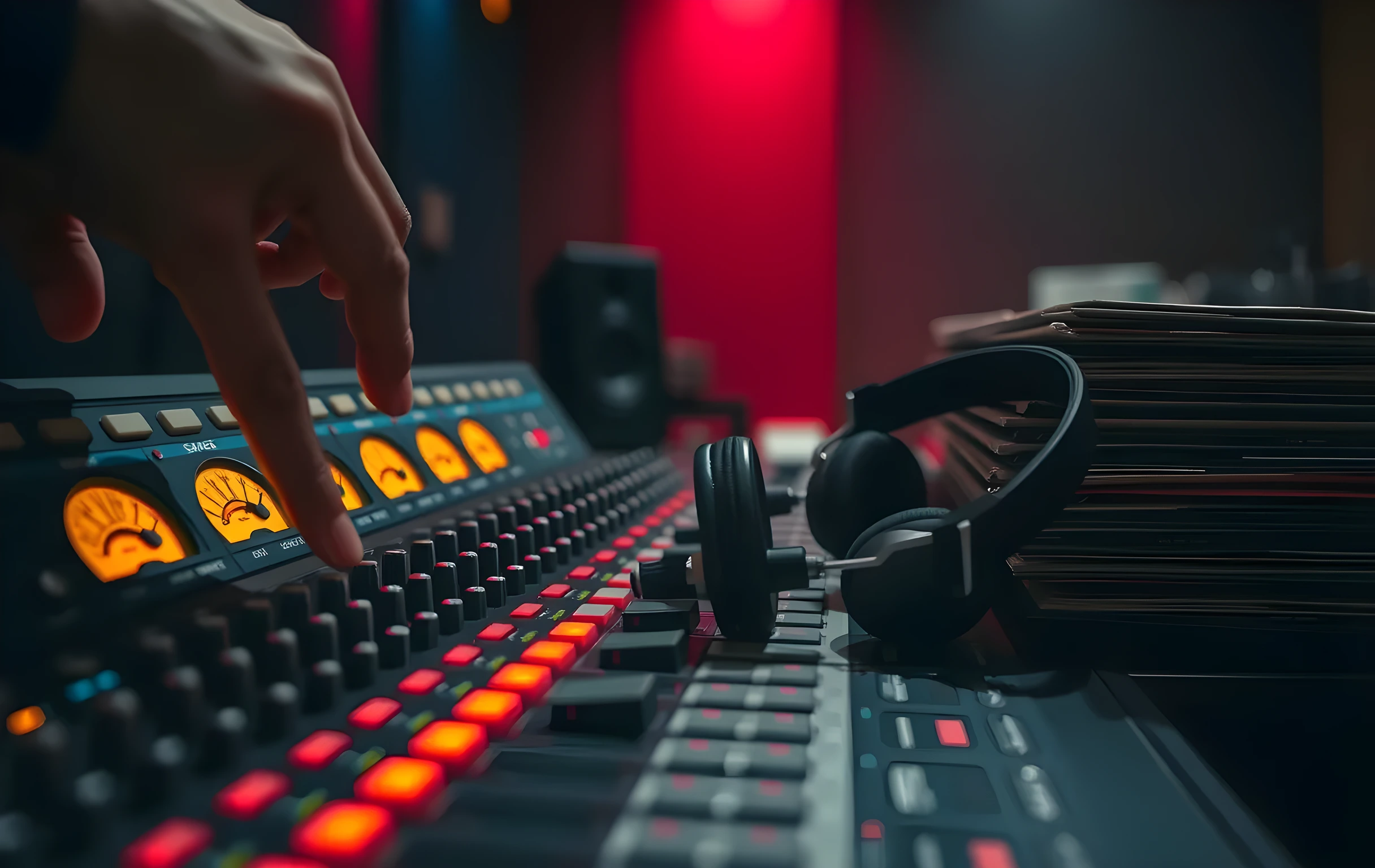Close detail of a mixing desk fader bank in a small studio, fingers pushing one channel up while the rest sit mid-position, VU meters glowing amber in low light, a pair of worn headphones draped over a monitor speaker edge, vinyl sleeves stacked haphazardly beside the console, shallow depth of field blurring the back wall into warm bokeh