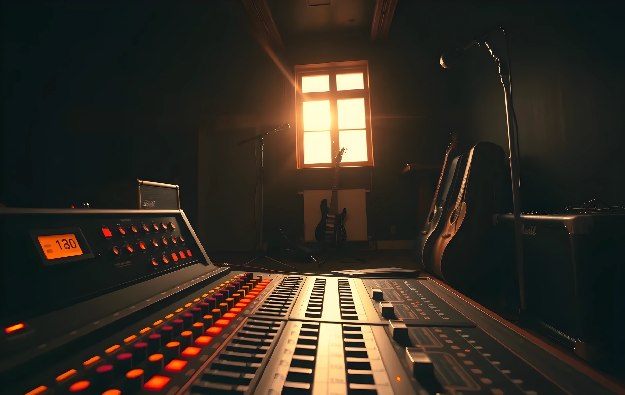 A rehearsal room at golden hour viewed from a slight angle across a large analog mixing console desk, faders and rotary knobs catching warm orange light, vacuum-tube amplifier glowing softly in the background, a worn brown leather guitar case leaning against the far wall beside a metal music stand, dust motes drifting through a single shaft of late-afternoon sunlight entering from a high window, no people visible