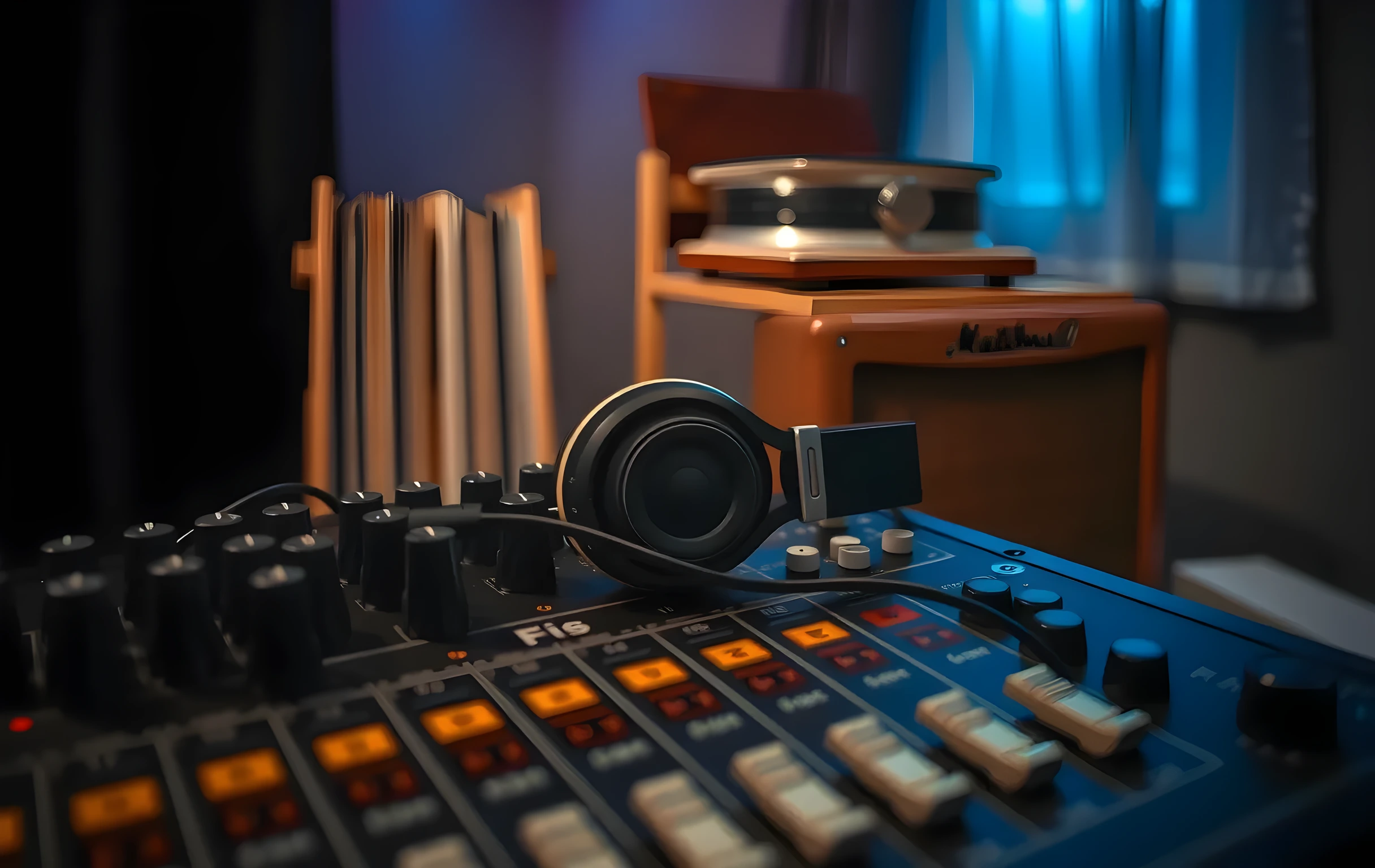 A closer detail view of the back panel of a small analog mixing desk in a home studio. Faders pulled to various mid positions, a tangle of black patch cables snaking between input channels, a pair of closed-back headphones resting on top of a small monitor speaker. In the soft-focus background, a wooden rack holds a stack of vinyl records and a single open amp head. Warm tungsten light from one side, cool blue light spilling in from a window on the other. No hands, no faces, no text visible on any surface