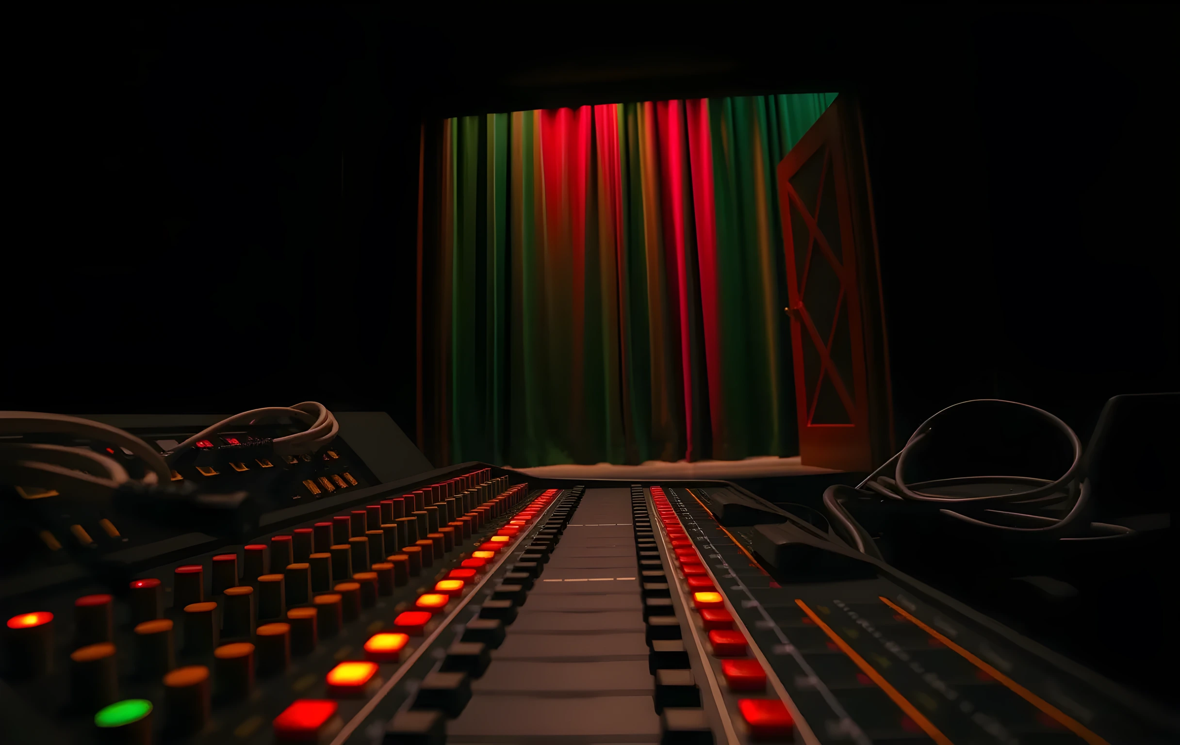 A close-detail view of a small venue mixing console in dim back-of-house lighting, rows of faders and rotary knobs catching warm tungsten glow, a pair of flat studio monitor speakers flanking the desk, coiled cables resting neatly at the console edge, the soft blurred shape of a heavy velvet stage curtain visible through an open doorway behind the desk, shallow depth of field with the far background dissolving into dark green shadow