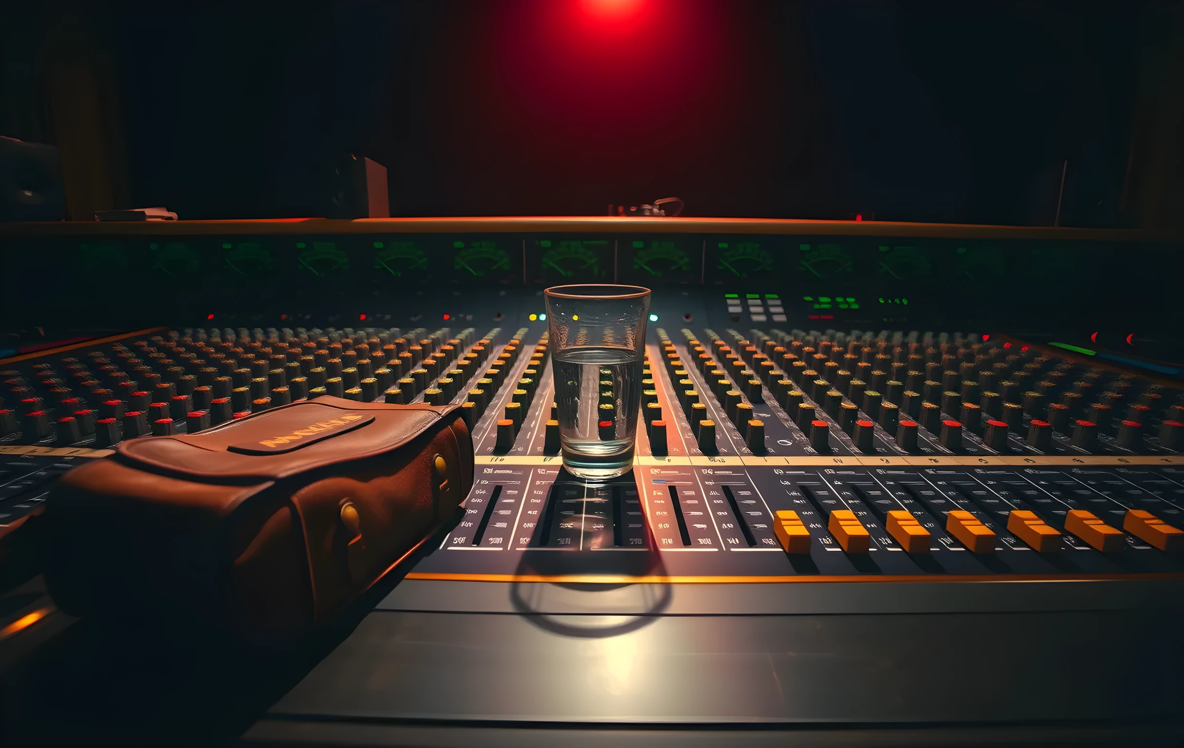 A close-detail view across the surface of a large analog mixing console in a small recording studio. Dozens of faders are set at various heights, VU meters glow soft green and amber, thick patch cables coil neatly beside the channel strips. A worn leather gig bag leans against the console edge, a half-empty glass of water sits on the desk, and warm tungsten light from above casts long shadows across the brushed-metal faceplate. The depth of field falls off softly into darkness behind the desk