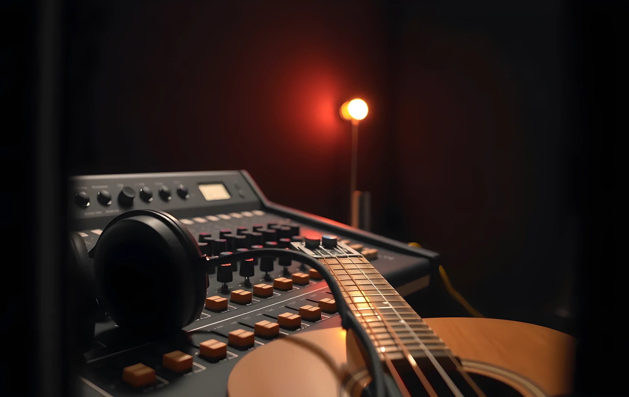 Medium-detail shot from slightly above a rehearsal-room mixing desk surface, a bank of twelve channel faders with colored cap strips (red, blue, amber) at varying positions, a pair of black over-ear studio headphones resting coiled on the left edge of the desk, the curved wooden neck of an acoustic guitar entering frame from the lower right corner under warm tungsten bulb light, faint dust motes visible in the light beam, background is a blurred dark wall with a single cable running along it, no faces, no hands, no text, no screens