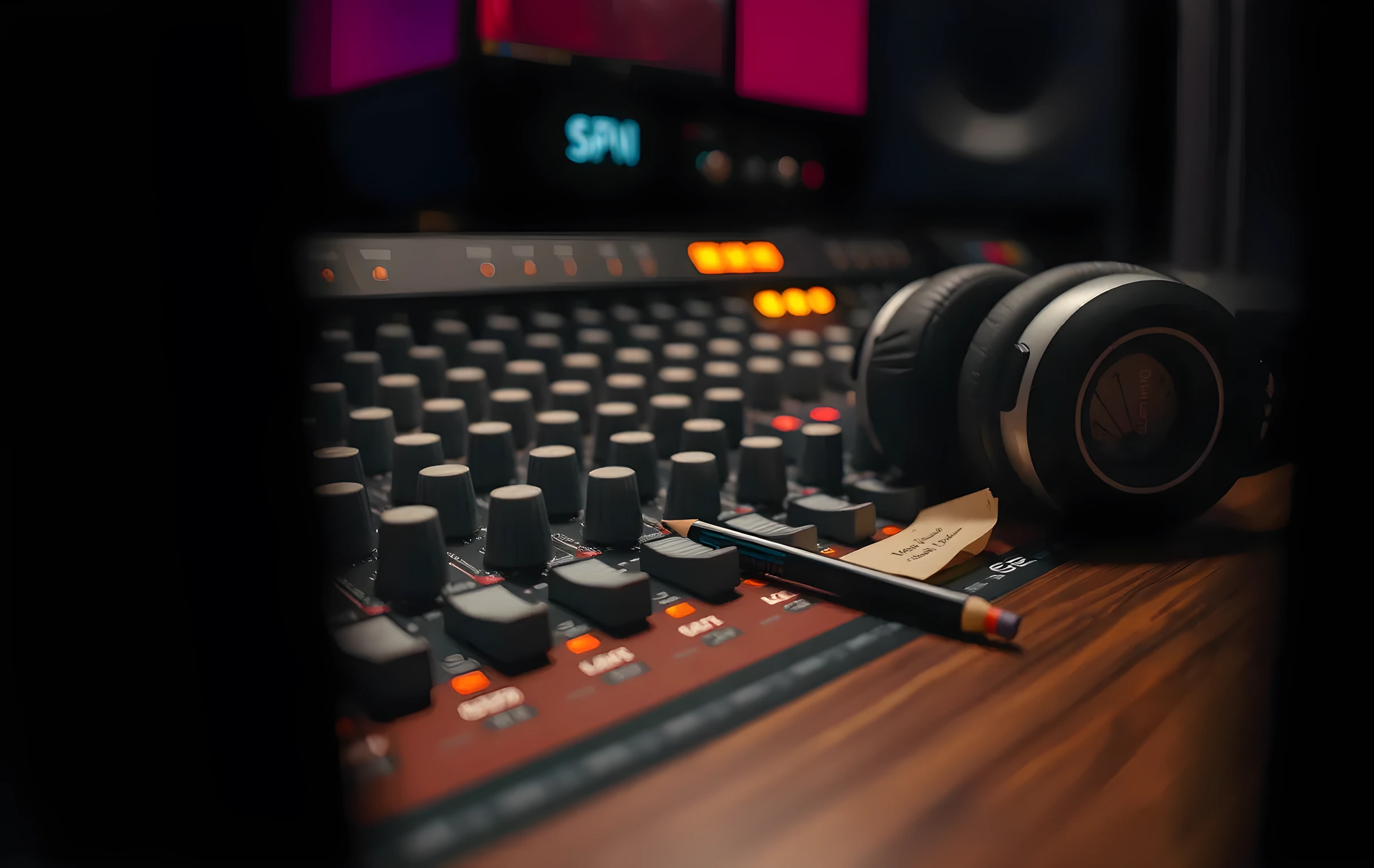 A tight detail shot of a mixing console surface in a small studio. Analog faders sit at various positions, their white plastic caps catching a soft warm glow from amber VU meters recessed into the desk face. A pair of large-ear headphones rests coiled on the right side of the console. A half-used pencil and a small crumpled sticky note lie near the center channel strip. Behind the fader bank, the blurred edge of a rack unit glows with a faint blue LED power indicator. The wood grain of the desk is visible in the foreground. No screens, no text, no hands, no faces