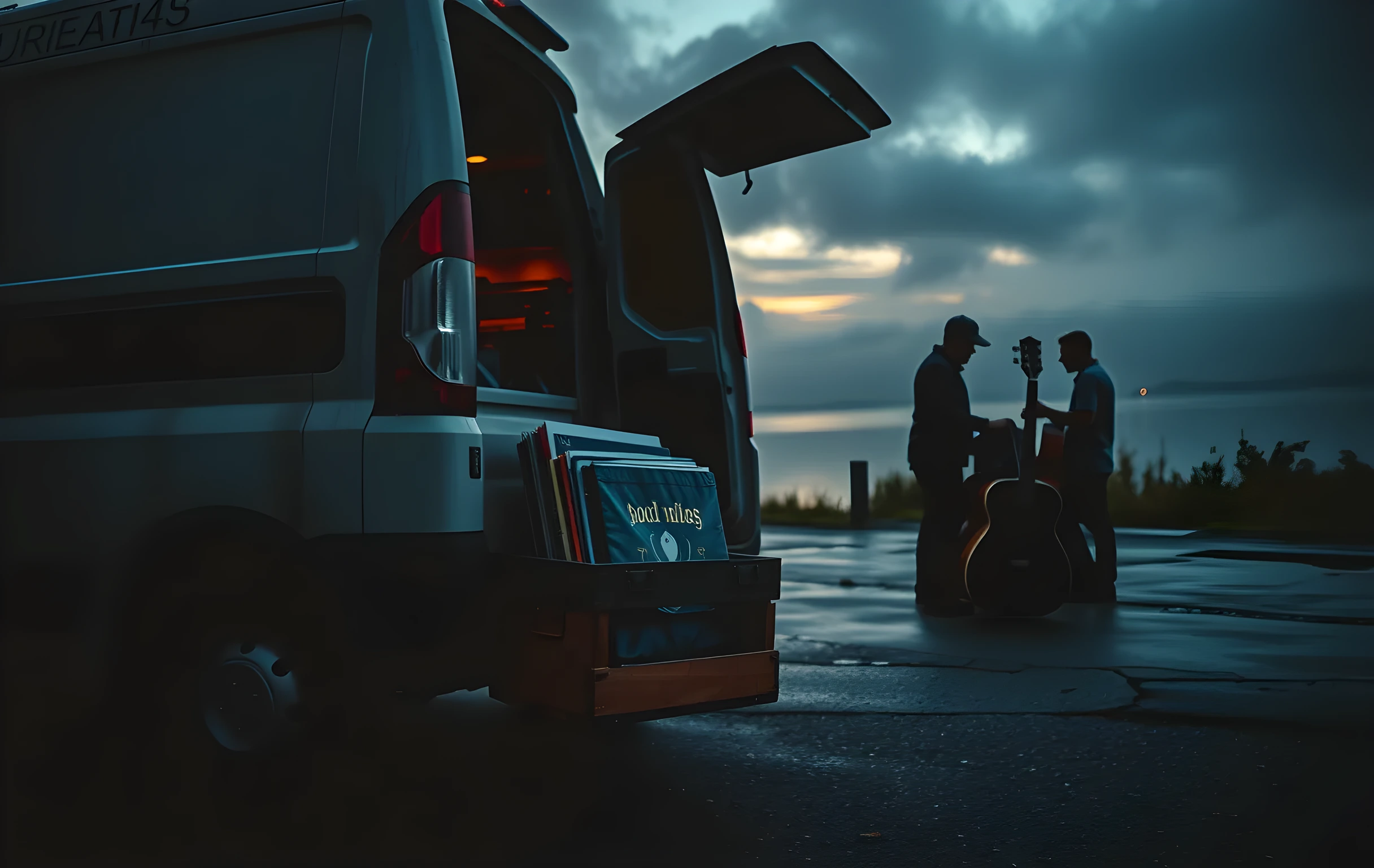 A weathered tour van parked beside a misty lake at dusk, its side door propped open to reveal a wooden crate overflowing with vinyl records and embroidered band shirts. Faded stage lighting reflects off the damp pavement while silhouetted figures load hardshell instrument cases toward the rear ramp. The focus rests on the tactile textures of paper sleeves and fabric tags, capturing the quiet aftermath of a weekend residency