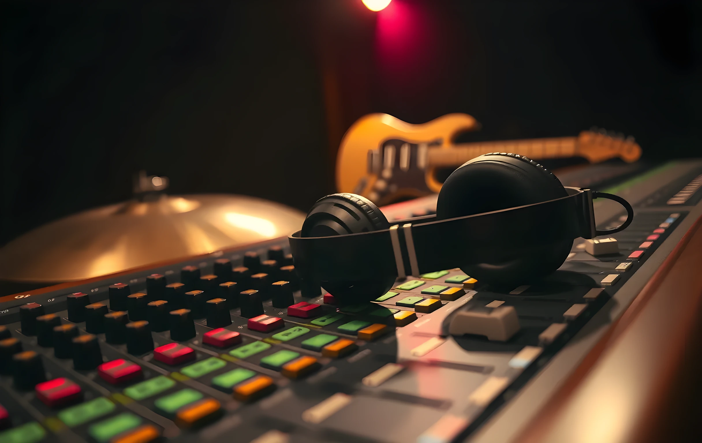 A close view of an analog mixing desk fader bank with colorful channel strips in red, green, and blue, a pair of worn studio headphones resting on the wooden edge of the console, shallow depth of field with a blurred brass cymbal and a guitar headstock soft in the background, warm practical lighting from overhead casting long shadows across the faders, intimate and tactile, no screens or text visible anywhere