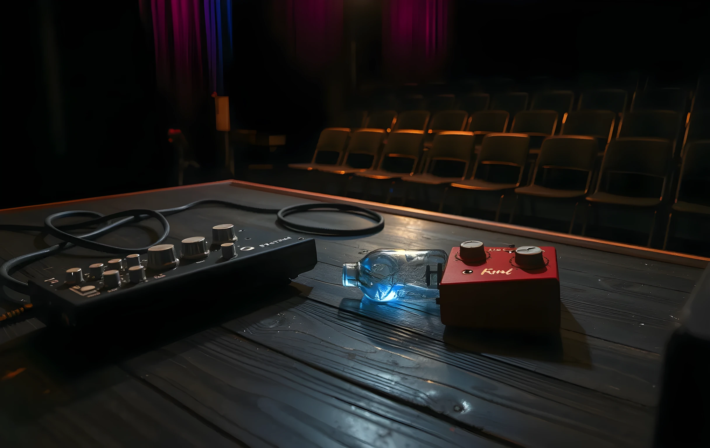 A medium-close detail shot from behind a small venue stage after a show: thick black speaker cables snaking across scuffed dark-wood floorboards, a two-pedal guitar effects board with knobs catching a faint blue wash of residual stage light, a dented steel water bottle lying on its side near the cable run, and beyond the stage edge, rows of empty folding chairs in soft warm dimness. No people, no screens, no text visible anywhere