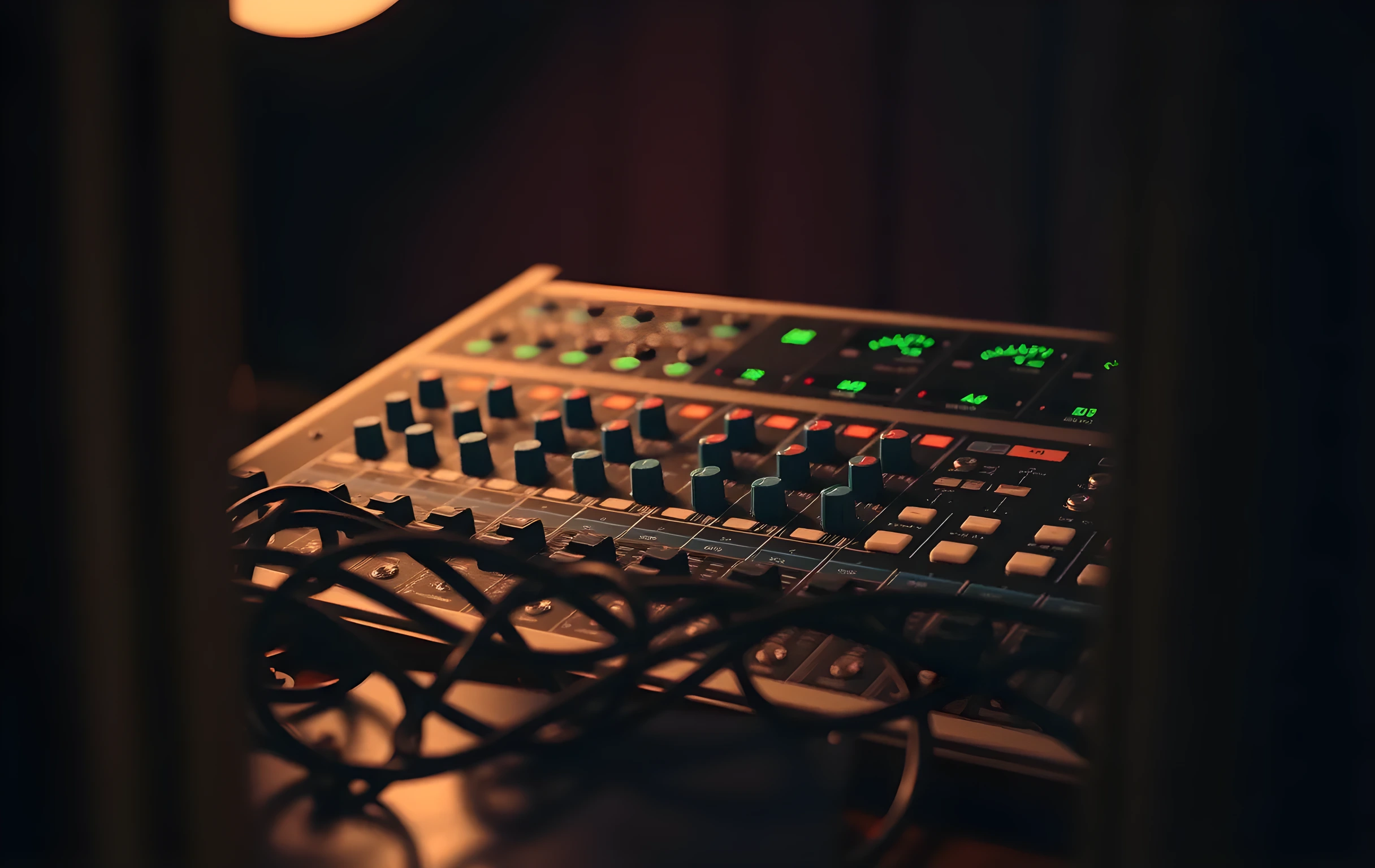 A three-quarter close view of the top surface of a compact analog mixing console: faders resting at various heights across twelve channels, small round VU meters glowing soft green and amber, a tangle of coiled XLR cables snaking in the foreground, the edge of a worn vinyl record sleeve peeking in from the bottom of the frame, warm practical light falling from an off-frame desk lamp to the upper left, shallow depth of field blurring the background into a dark indistinct studio wall. No people, no text, no screens