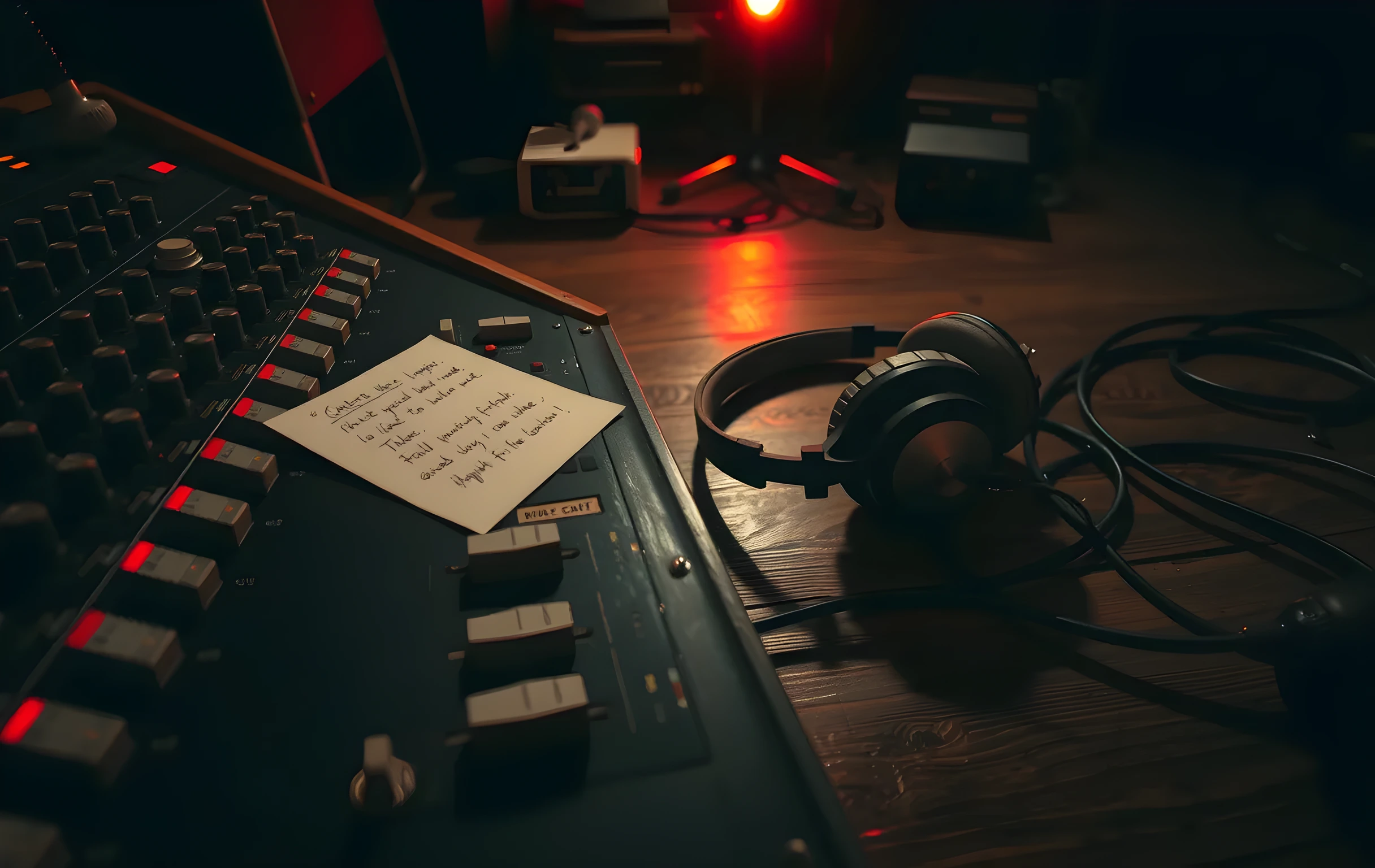 Close detail shot inside a cramped rehearsal room, the lower half of an analog mixing console in sharp focus with metal faders pulled to various positions and round knobs with painted indicator lines, thick black cables snaking across a dark scarred wood floor, a single pair of over-ear studio headphones resting on a battered music stand beside a scattered sheet of handwritten notes, warm tungsten glow from a small clip-on work light bolted to the console edge casting long soft shadows, no people, no screens, no text visible