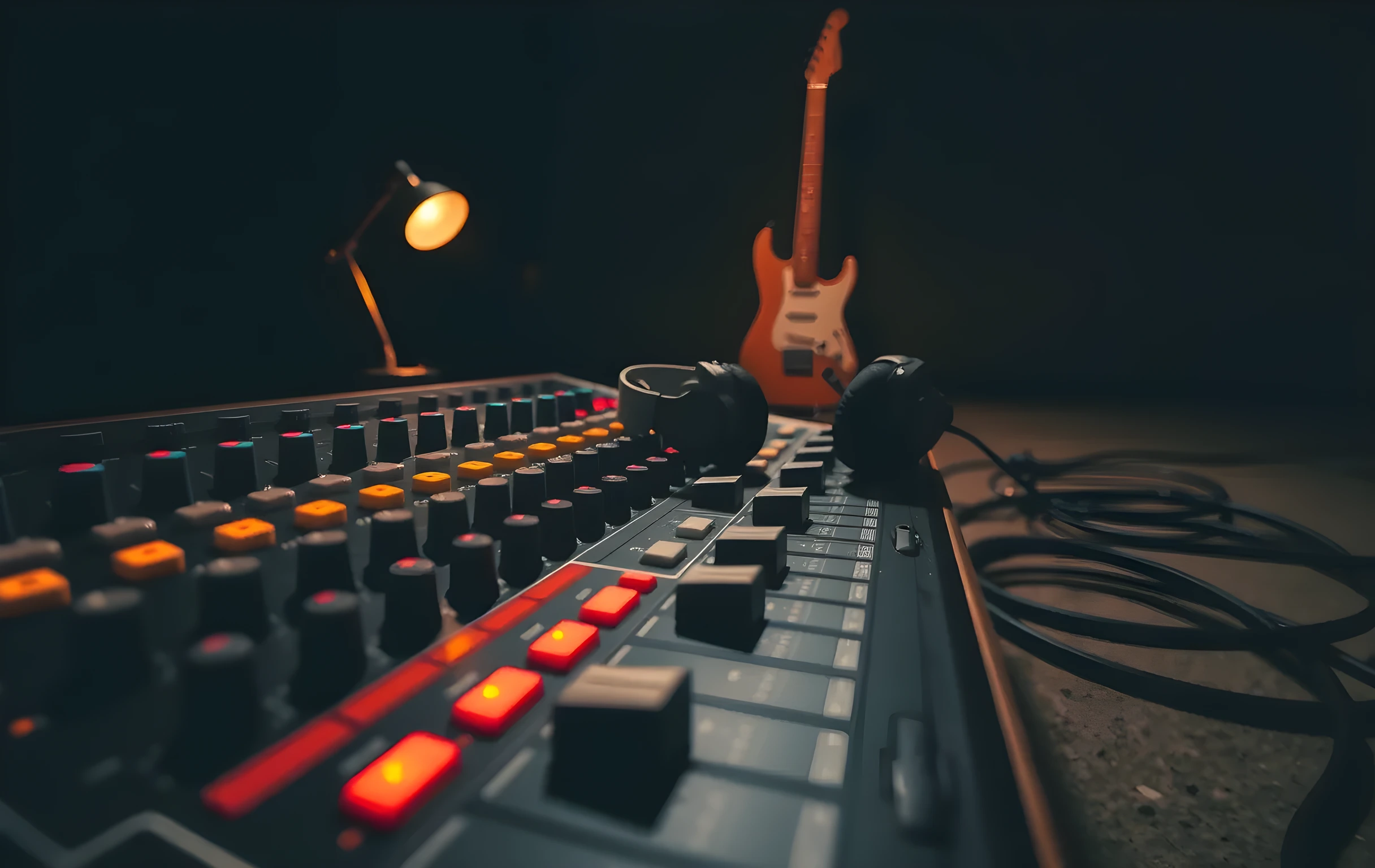 A close view of a compact analog mixing desk console in a dim rehearsal room, rows of faders and rotary knobs catching warm amber light from a small desk lamp, a pair of worn studio headphones resting on the far edge of the console, a guitar neck softly blurred in the background leaning against the wall, coiled instrument cables lying neatly on the concrete floor, shallow depth of field with sharp focus on the center channel strips