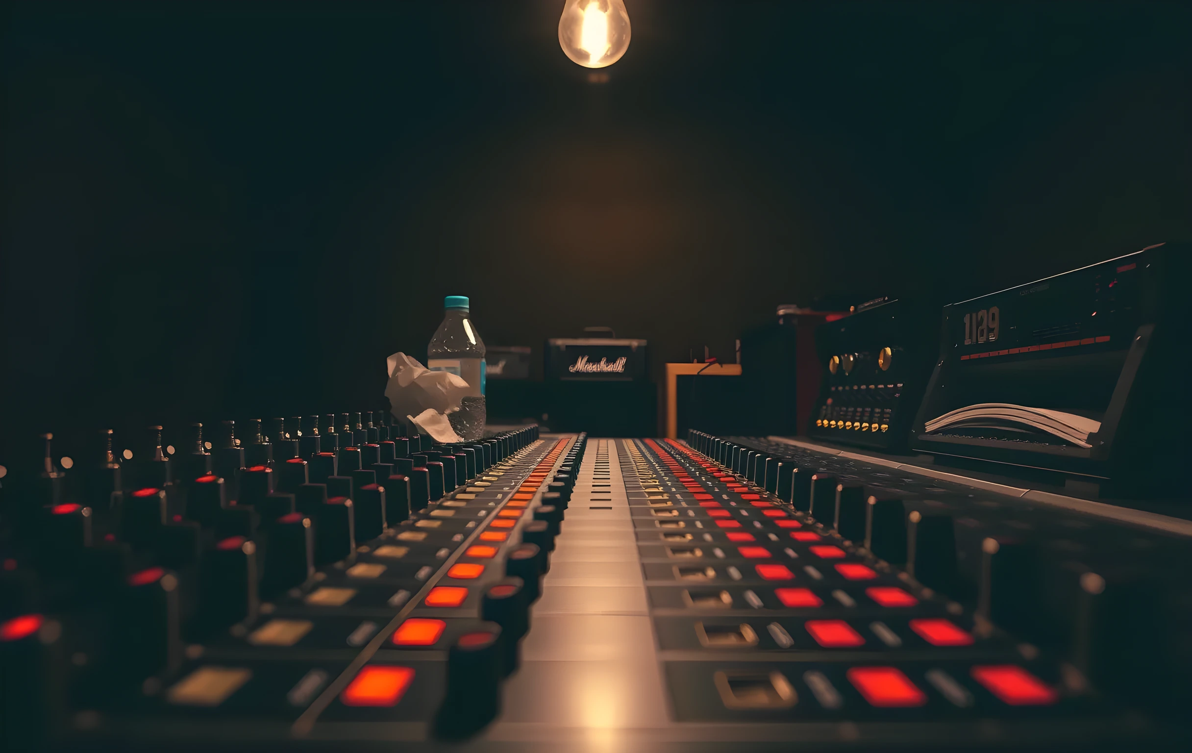 A medium-close detail shot of a large analog mixing console surface in a dim rehearsal room, rows of brushed-metal faders and rotary knobs catching the glow of one bare overhead bulb, a crumpled water bottle and a stack of vinyl LP sleeves tucked beside the rack-mounted preamp, warm orange highlights against deep shadow, shallow depth of field blurring the back wall, no text or screens visible